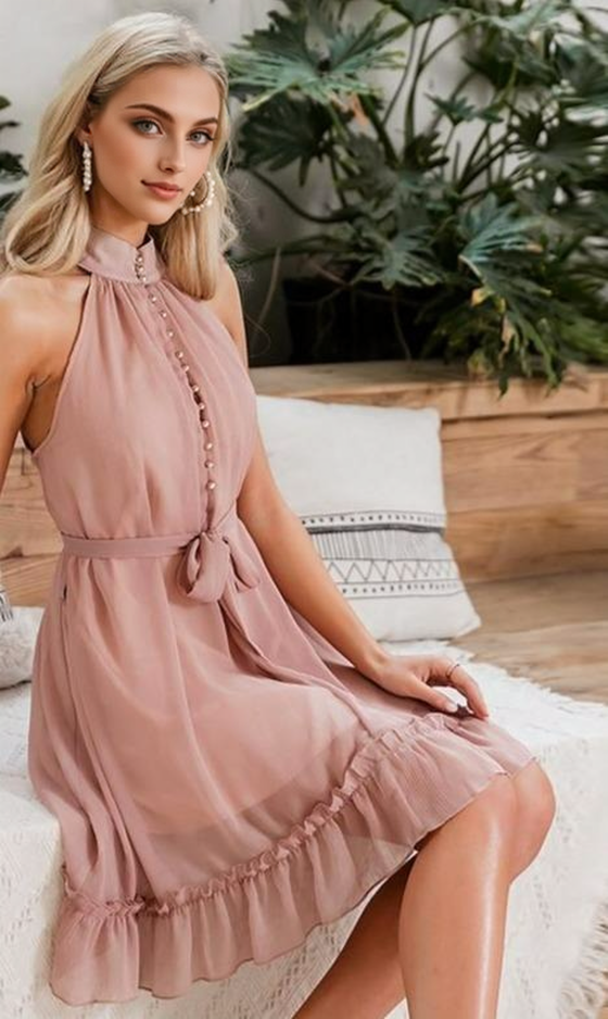 Chiffon Halter Button-Front Belted Ruffle-Hem Mini Dress 15