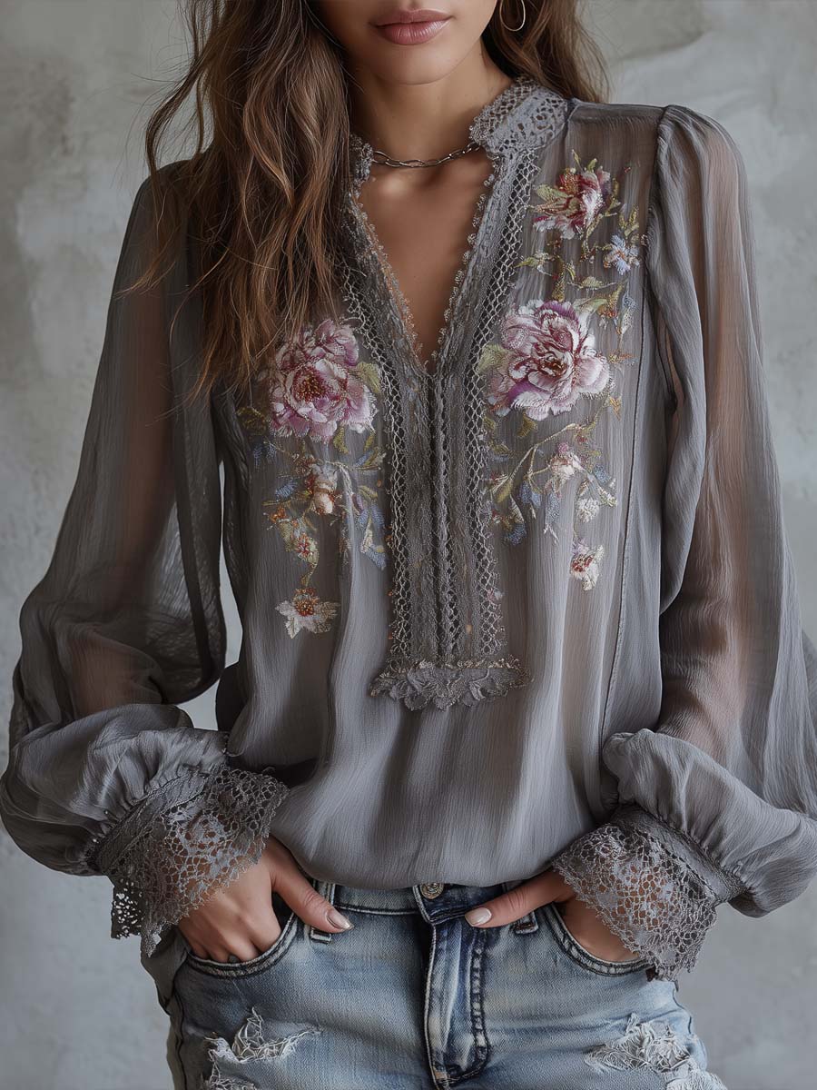Vintage Embroidered Lace-trimmed Chiffon Blouse