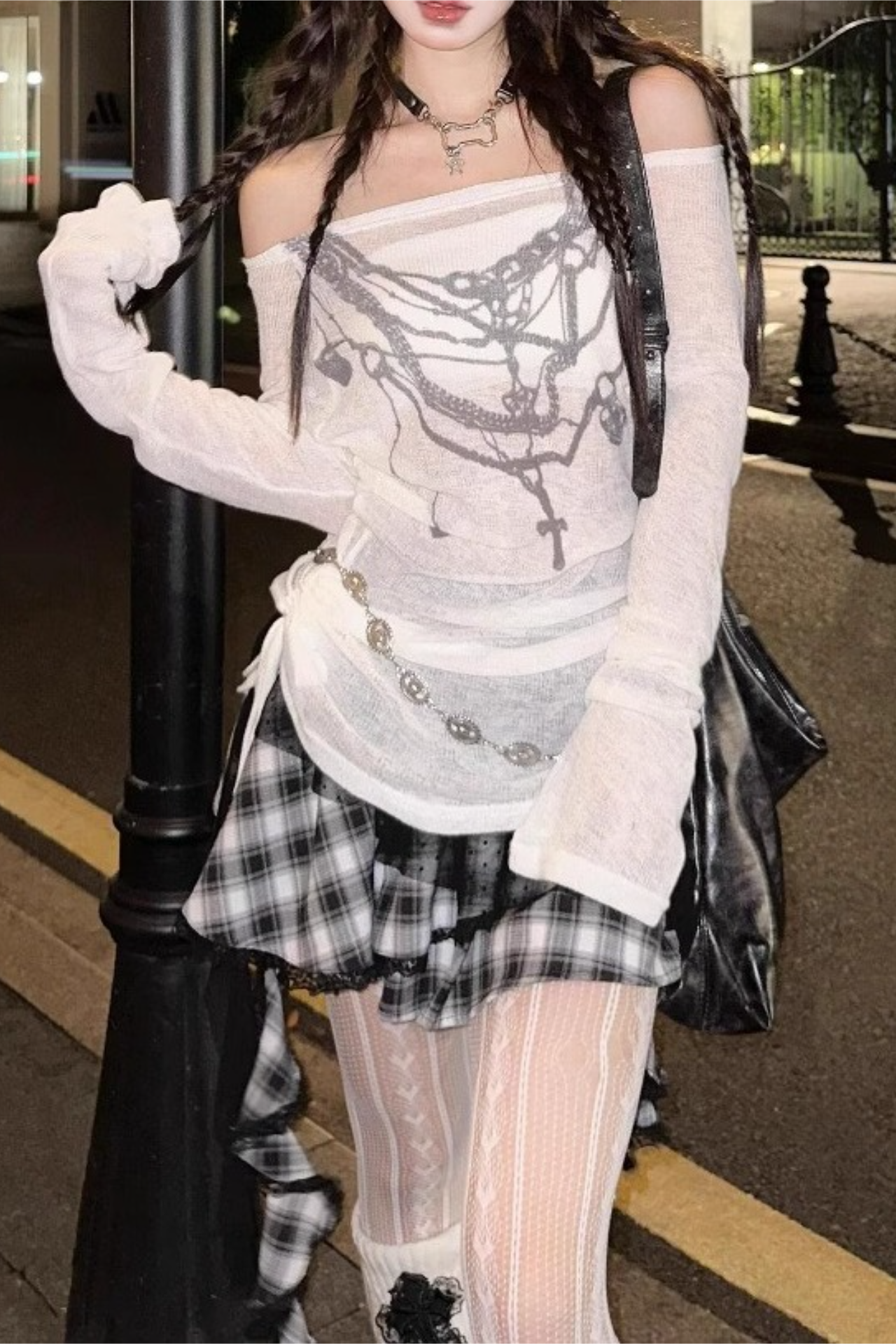 Necklace Print Slim Retro Long Sleeve Crop Top - Fashionpara