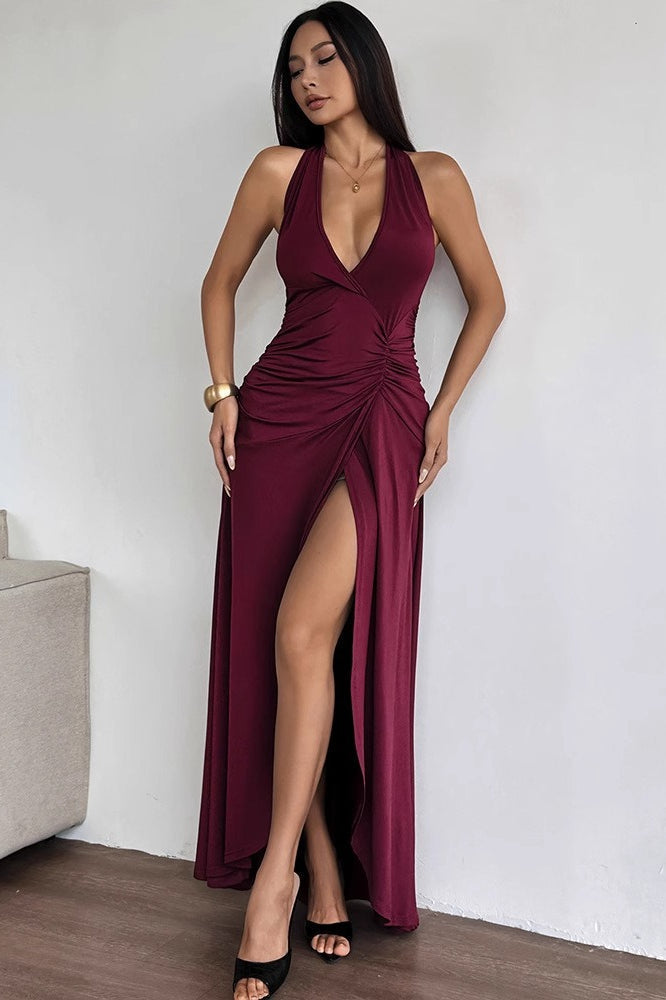 Halter Deep V-Neck Ruched Front High Split Maxi Dress
