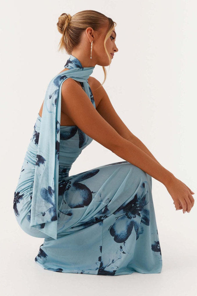 Floral Print Halter Neck Ruched Mermaid Maxi Gown 3