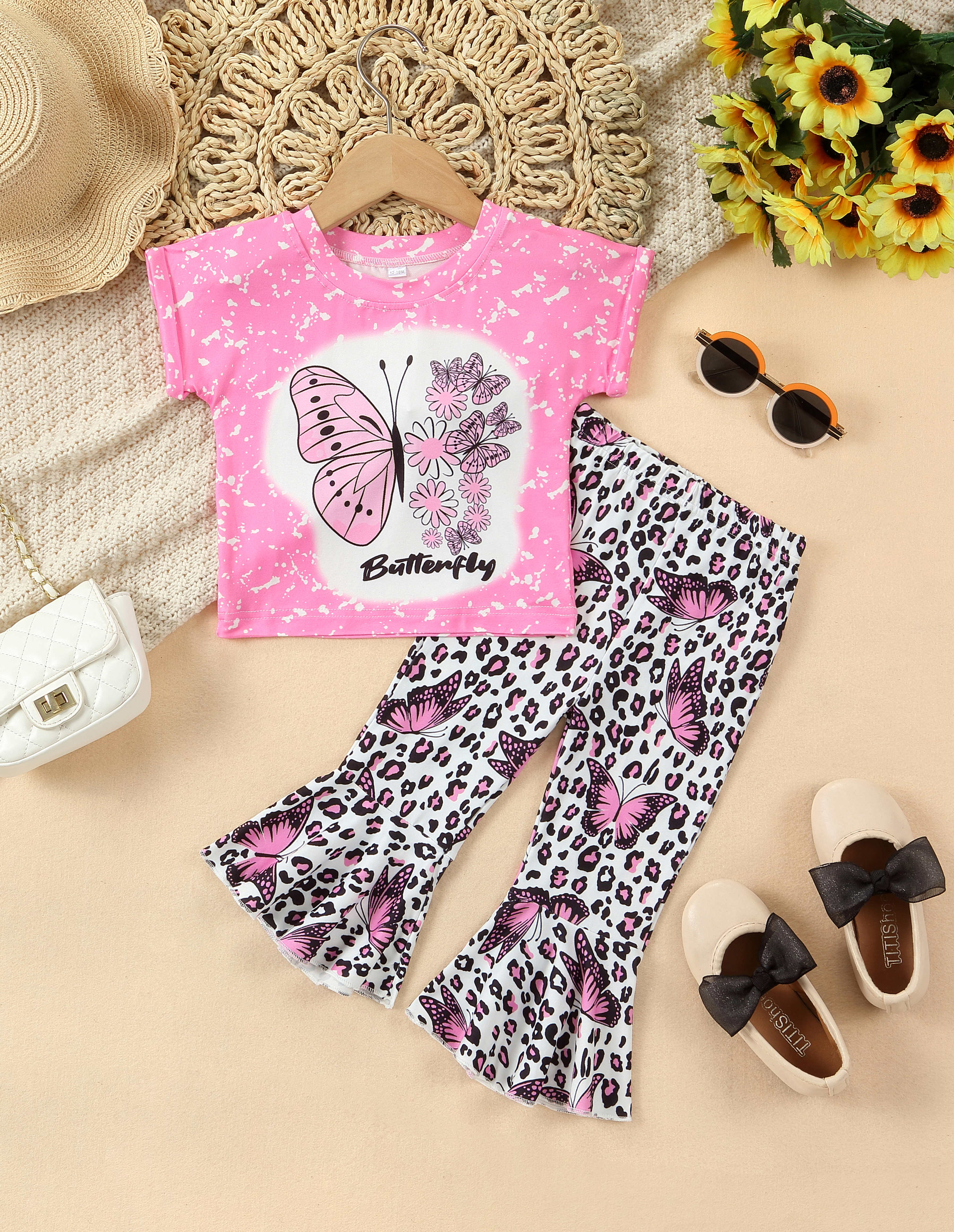 Baby's Butterfly Letter Print 2pcs Casual Outfit, T-shirt & Leopard Pattern Flared Pants Set, Toddler & Infant Girl's Clothes For Daily/Holiday/Party - Fashionpara