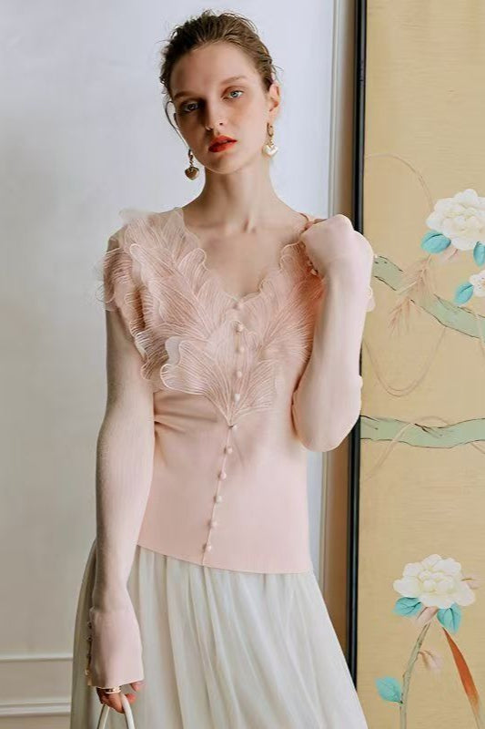 3D Floral Lace V-Neck Knit Top
