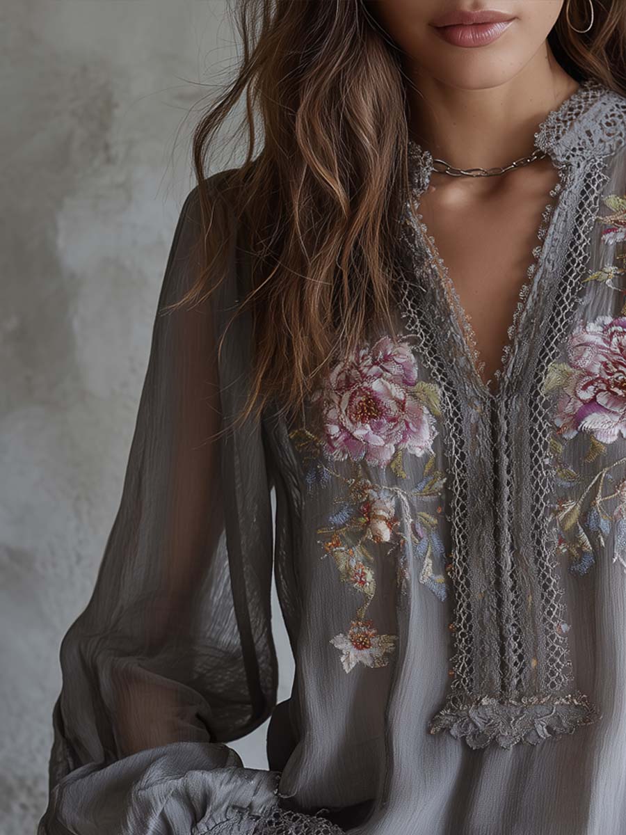 Vintage Embroidered Lace-trimmed Chiffon Blouse