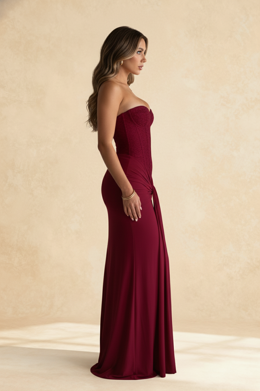 Sequin Corset Sweetheart Knot Drape Mermaid Gown 6