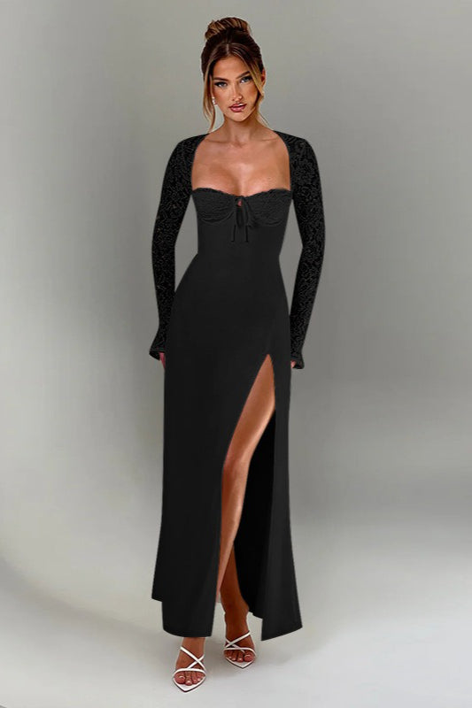 Lace Long Sleeve Sweetheart Neck Tie Front Bustier Maxi Gown - View 7