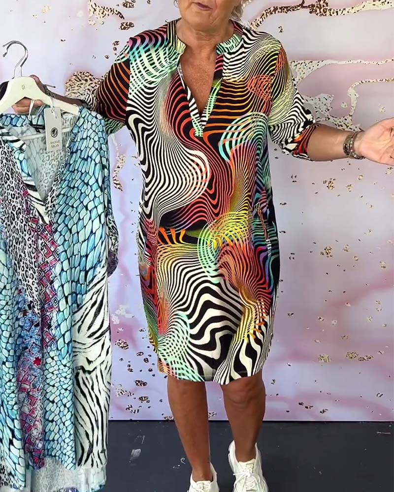 Standing Collar Split Neck 3/4 Sleeve Shift Mini Dress