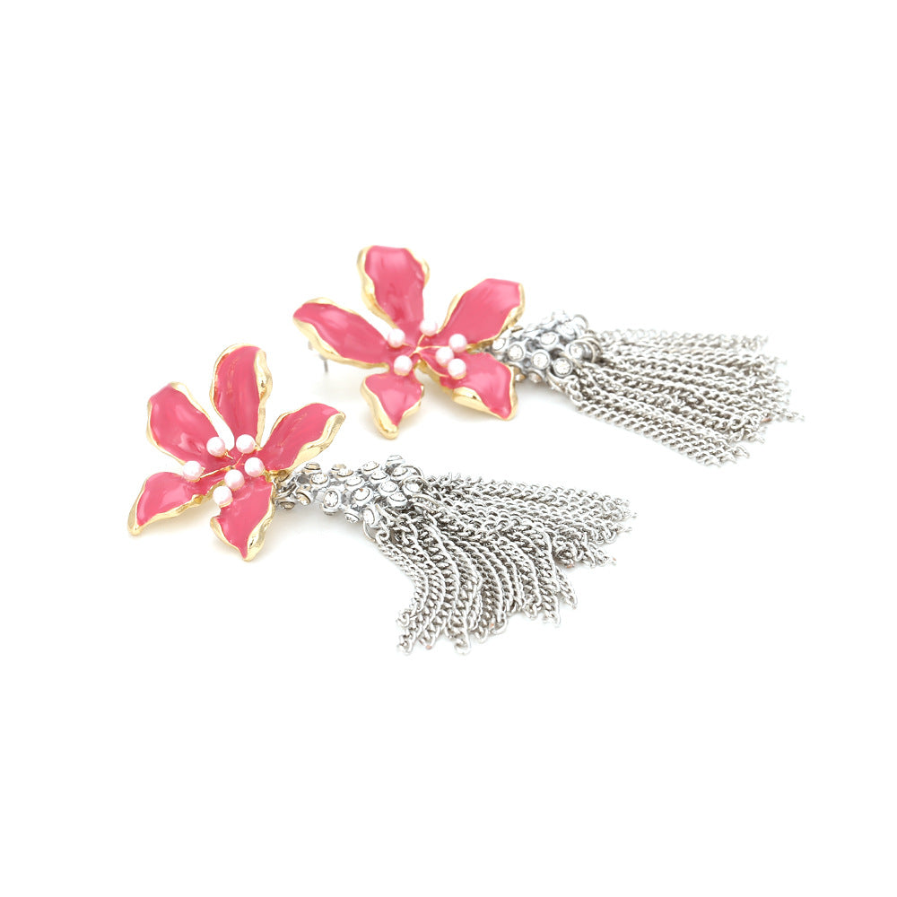 Rhinestone Pearl Flower Tassel Earrings