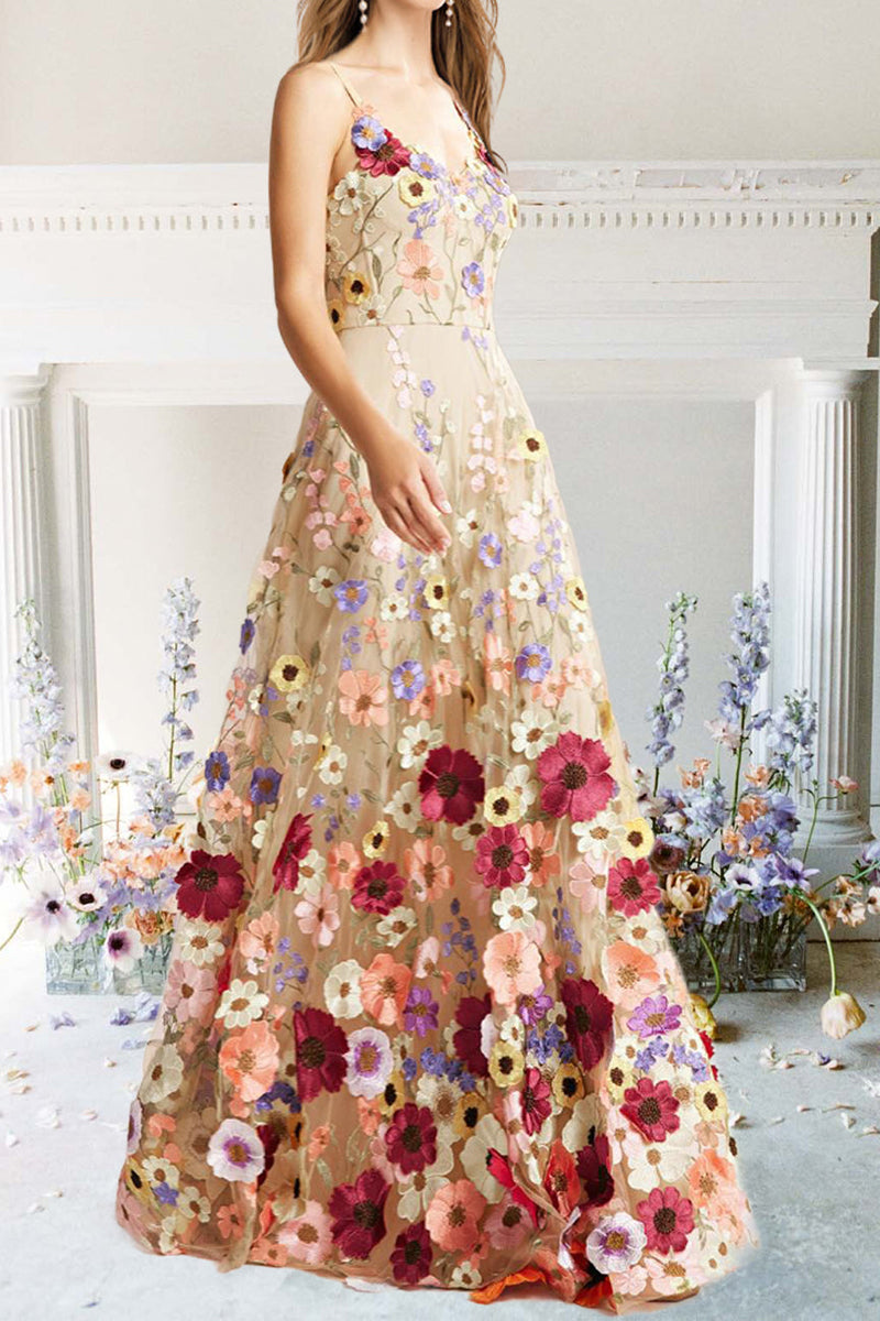 3D Floral Embellished Maxi Dress Suspender Skirt - Fashionpara