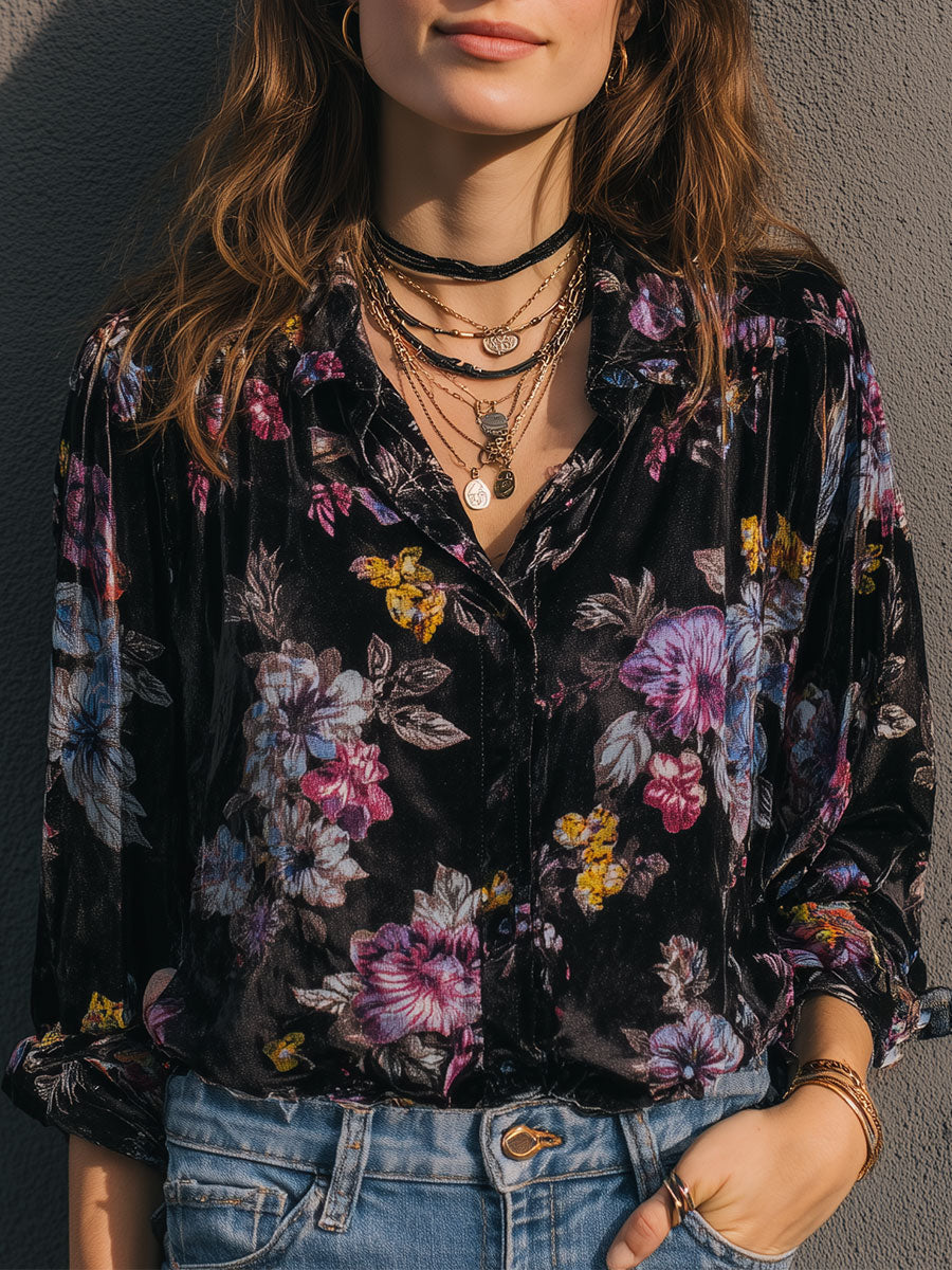 Retro Gold Velvet Printed Long Sleeve Blouse - Fashionpara