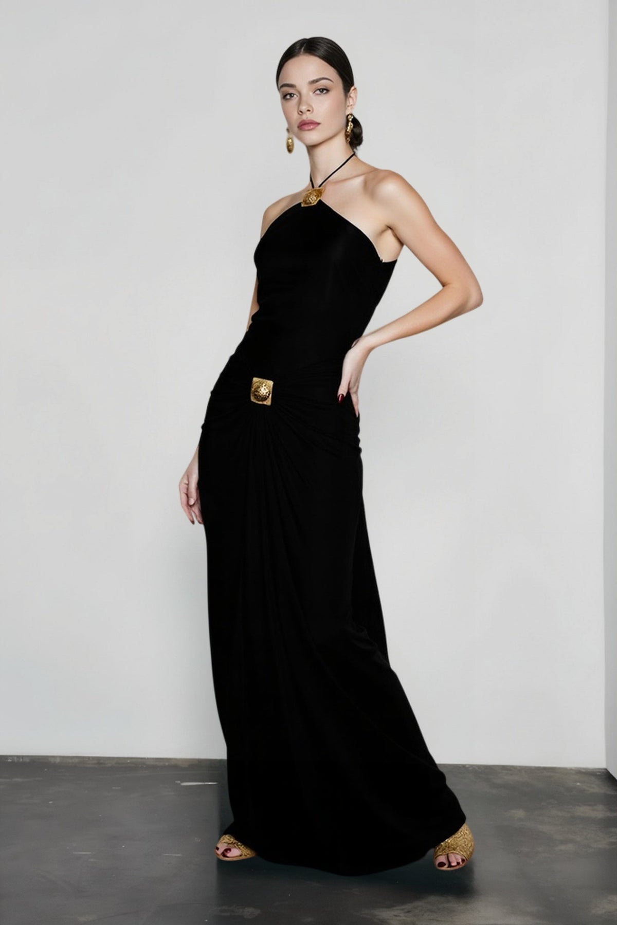 Embellished Halter Neck Ruched Draped Maxi Gown