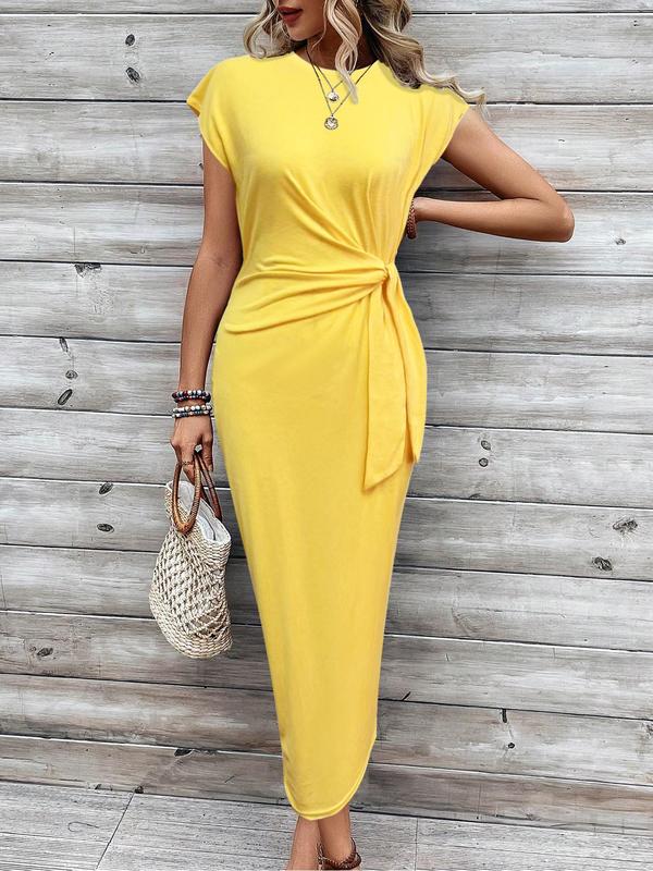 Striped Mock Neck Short Sleeve Twist Waist Bodycon Midi Dress 13