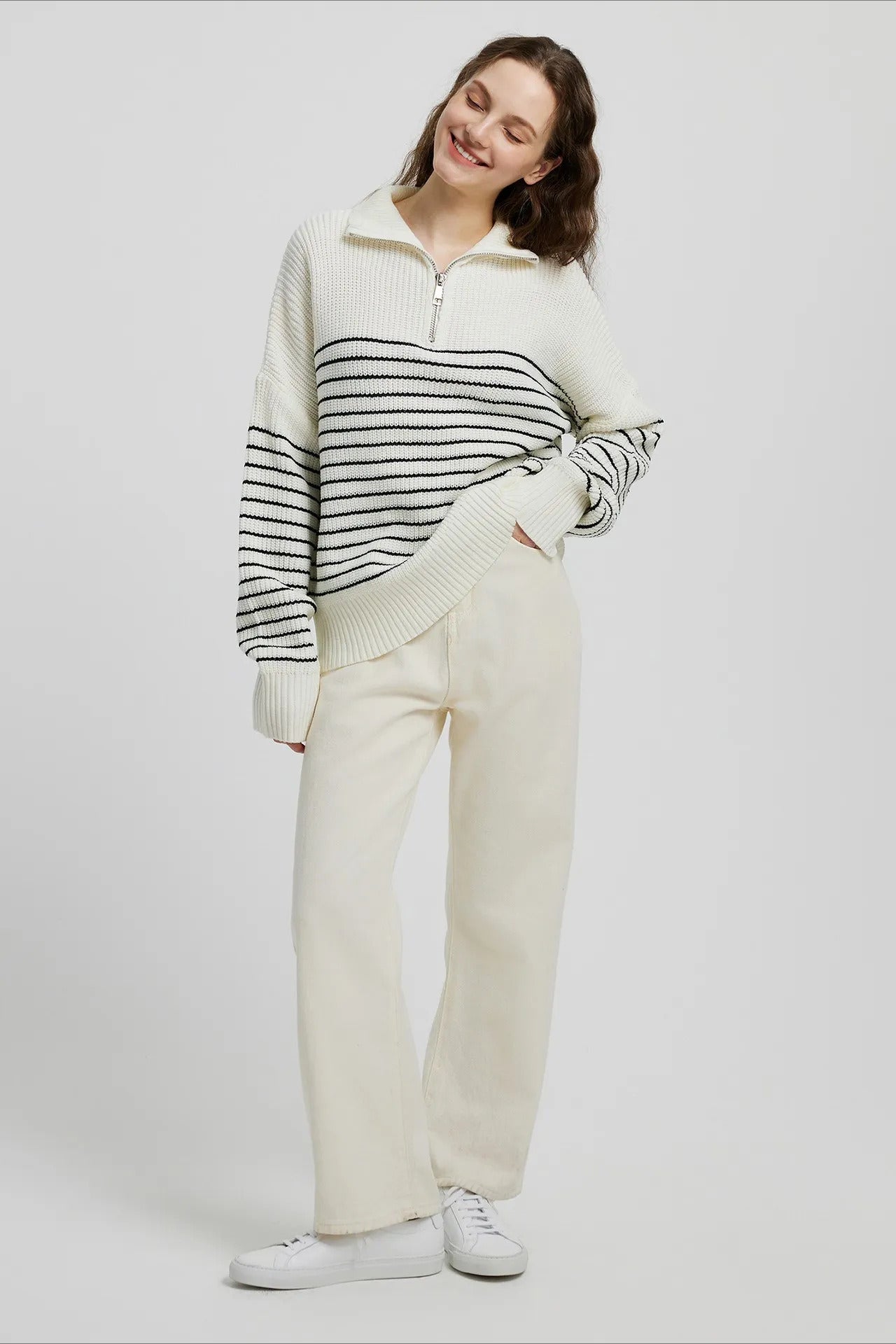 PrincessAce High Neck Striped Color Block Pullover Sweater