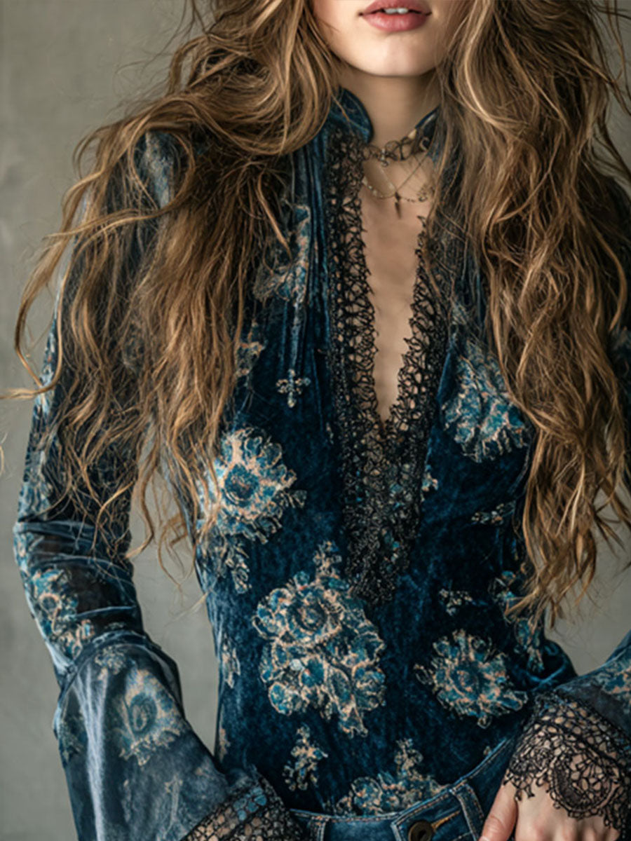 Retro Blue Floral  Velvet Lace Blouse With Bell Sleeves - Fashionpara