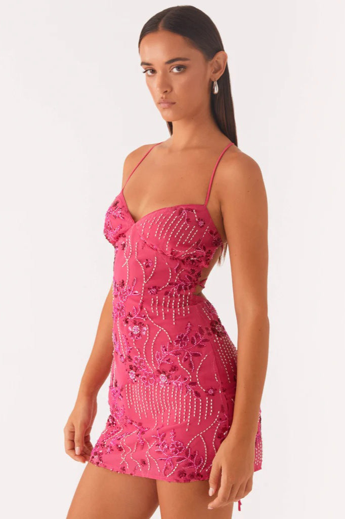 Floral Beaded V-Neck Spaghetti Strap Bodycon Mini Dress