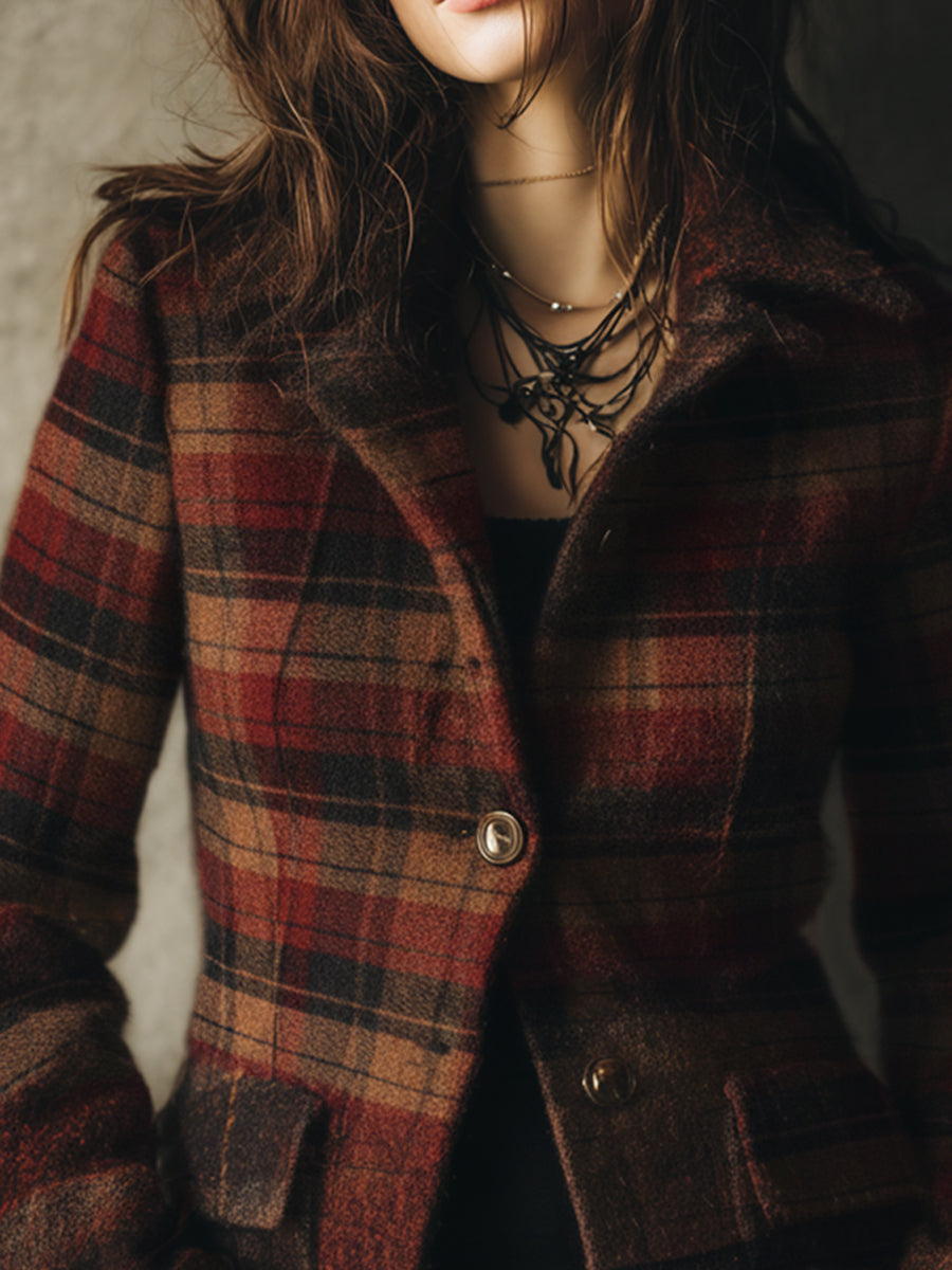 Quiet Luxury Retro Plaid Waisted Short Woolen Coat