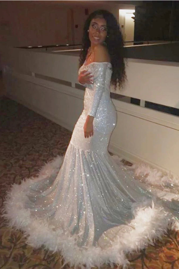 Glamorous Floor Length Long Sleeves Mermaid Sequined Prom Dress with Feathers - Fashionpara
