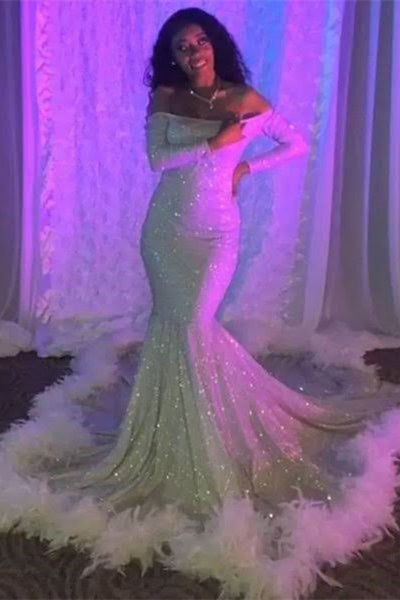 Glamorous Floor Length Long Sleeves Mermaid Sequined Prom Dress with Feathers - Fashionpara