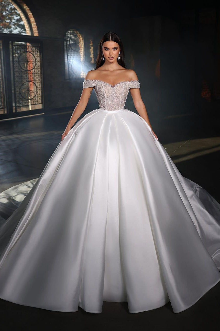 Fabulous Floor-Length Sweetheart Sleeveless Off-The-Shoulder A-Line Satin Wedding Dress with Ruffled Accents - Fashionpara