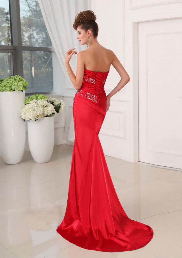 Fabulous Mermaid Long Red Strapless Sequined Sleeveless Prom Dress with Lace - Fashionpara