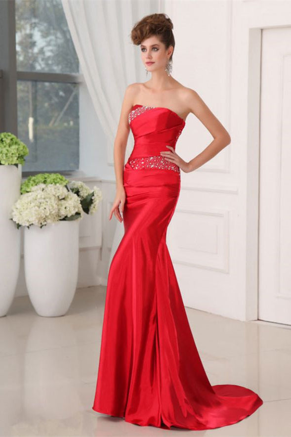 Fabulous Mermaid Long Red Strapless Sequined Sleeveless Prom Dress with Lace - Fashionpara