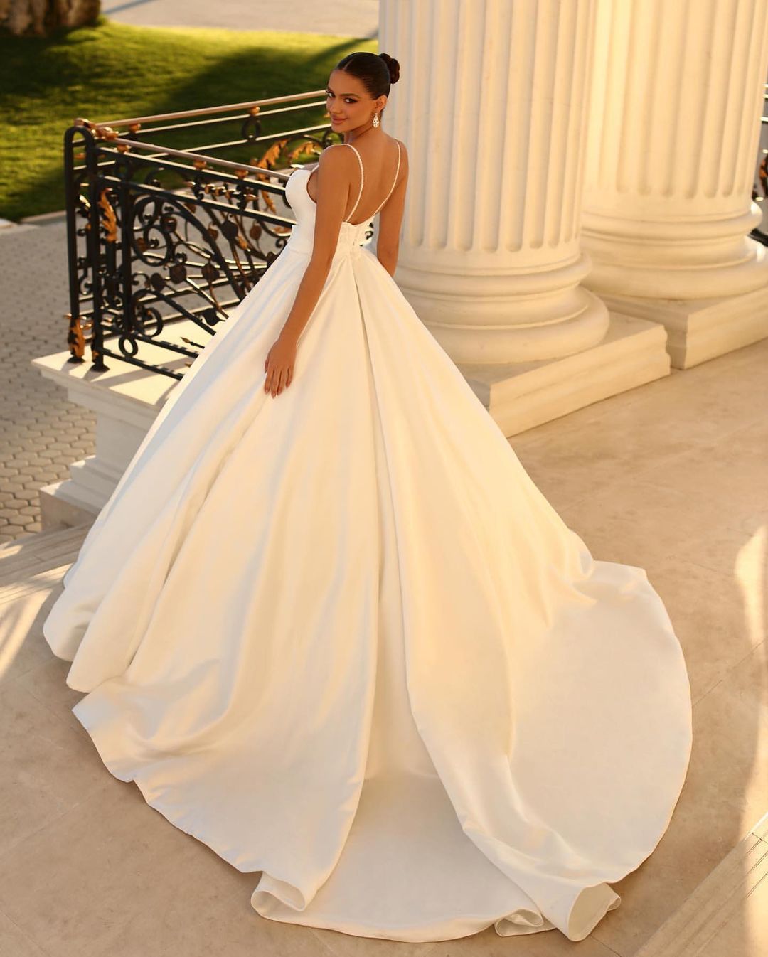 Fabulous Long White A-line Spaghetti-Strap Satin Wedding Gown - Fashionpara