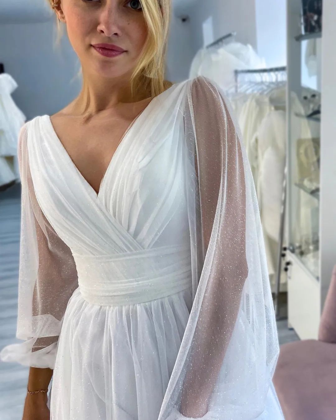 Fabulous White A-Line V-Neck Long Sleeve Glittering Wedding Dress with Slit - Fashionpara