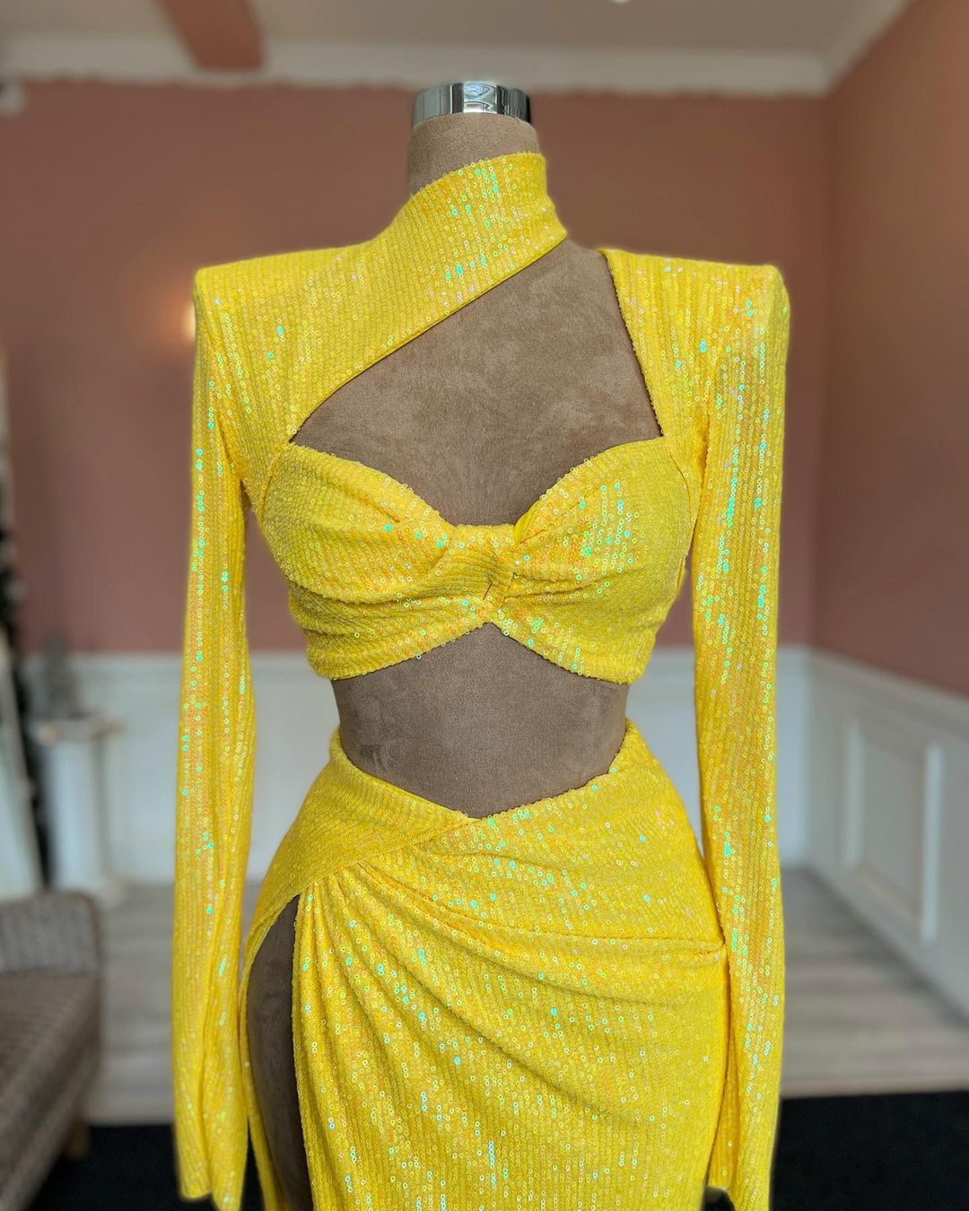 Charming High Neck Long Yellow Spit From Long Sleeves Prom Dress With Sequined - Fashionpara