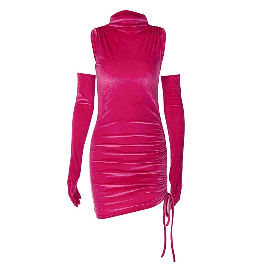 Velvet High Neck Ruched Drawstring Bodycon Mini Dress 3