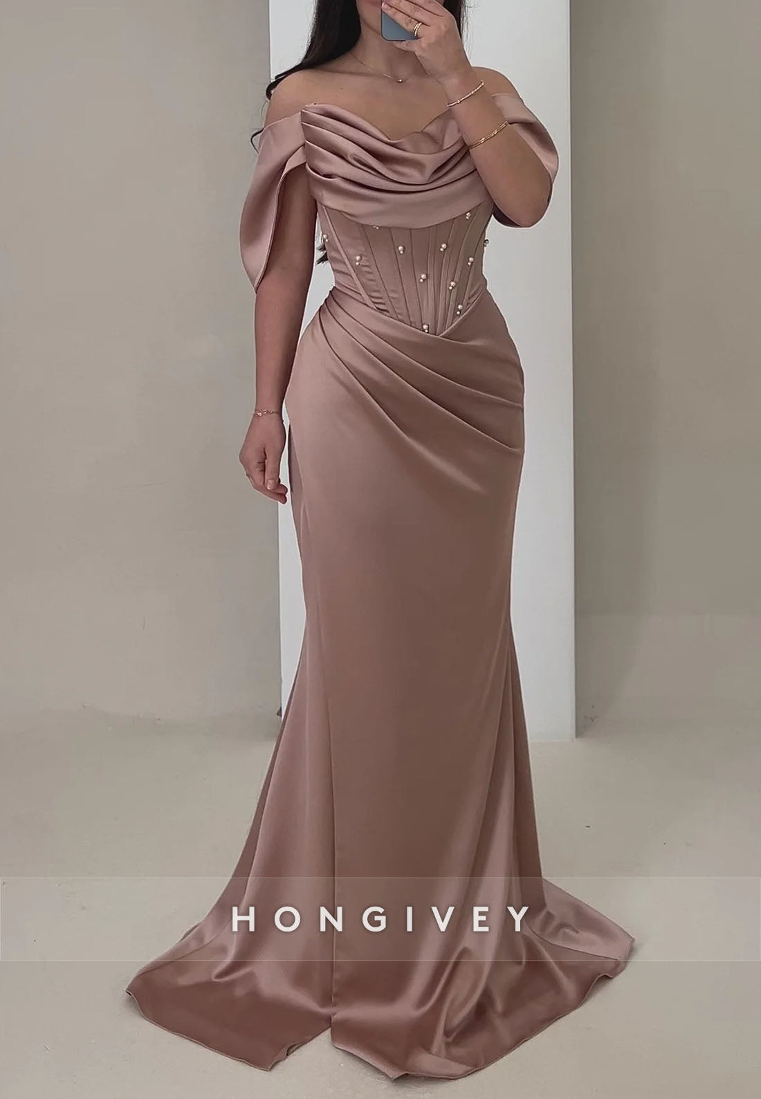 Column Off the Shoulder Sweep Train Pleated Satin Evening Gown