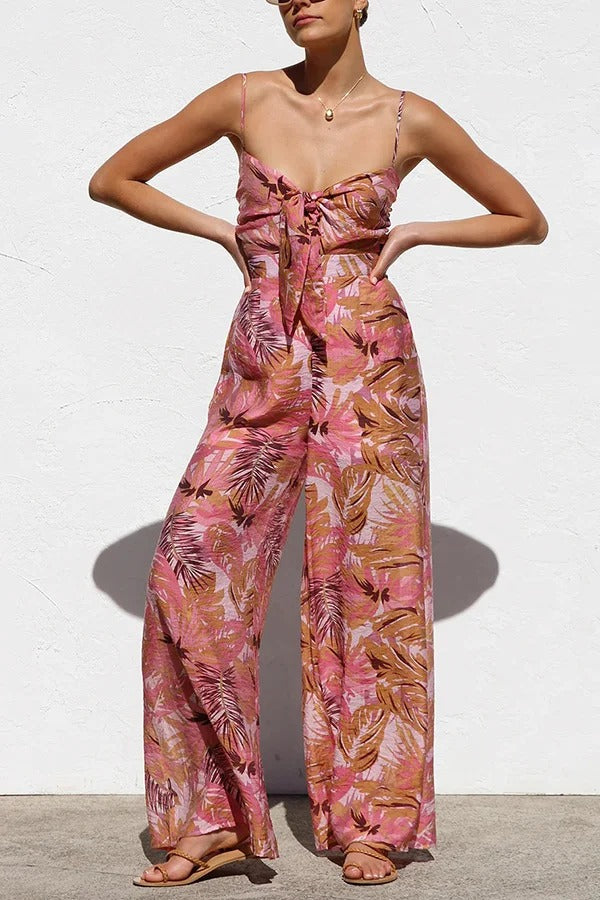 Botanical Print Strappy Resort Style Wide-leg Pants Jumpsuit - Fashionpara