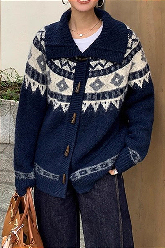 PrincessAce Retro Jacquard Collar Loose Knit Cardigan