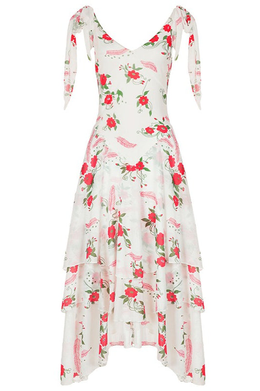Floral Chiffon V-Neck Tiered Ruffle Midi Dress