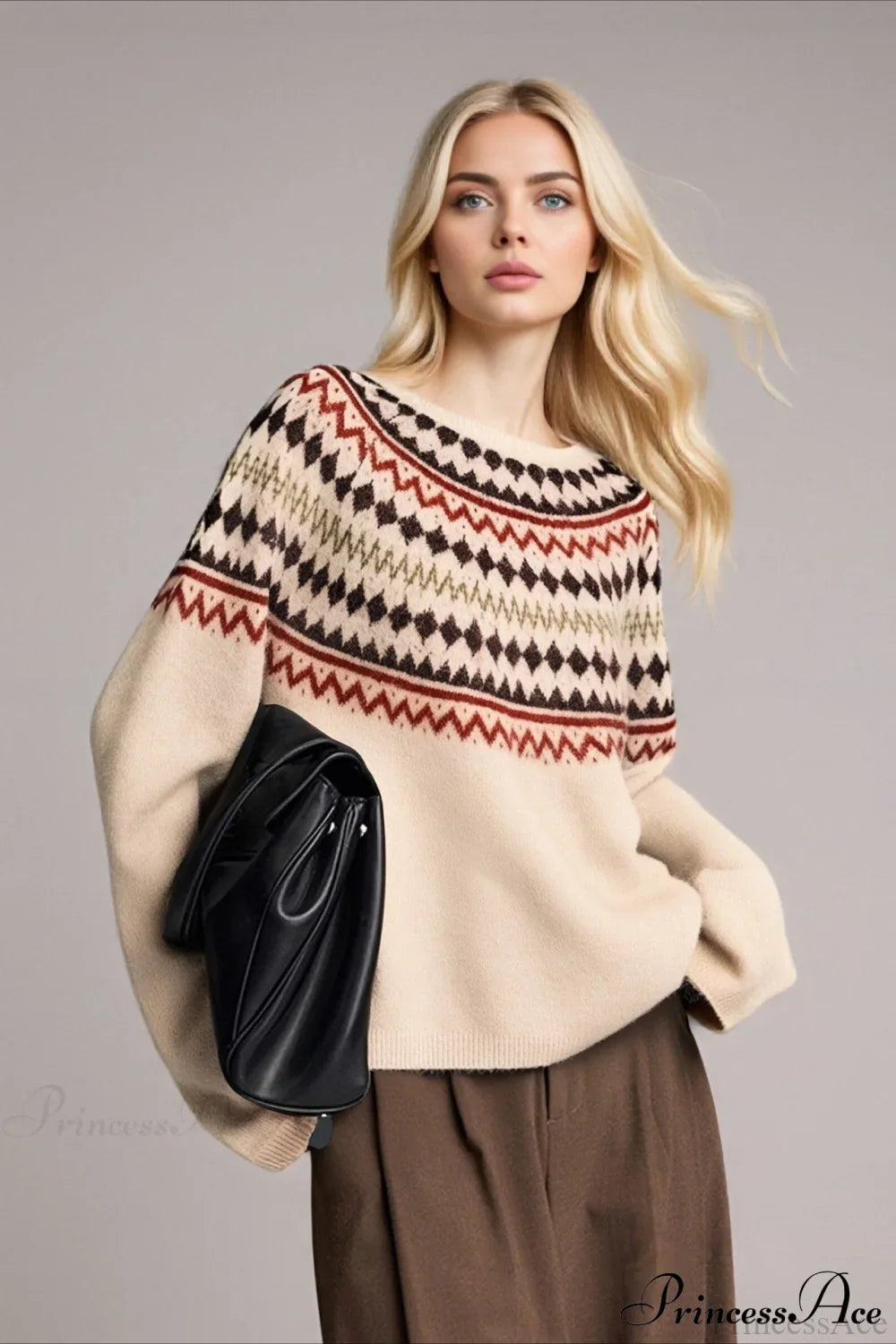 Fair Isle Loose Crewneck Plus Size Knit Sweater Apricot / One Size