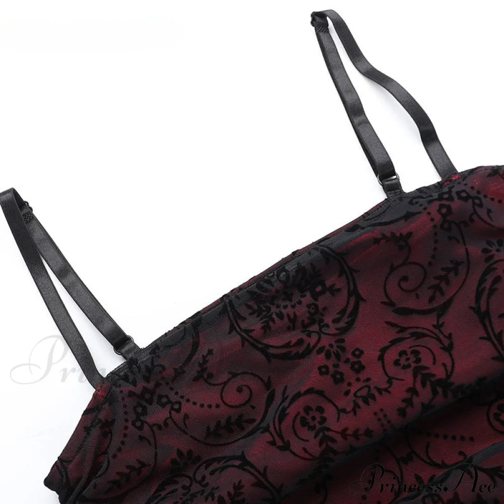 Fairy Grunge Vintage Sheer Flocking Patchwork Irregular Hem Crop Top