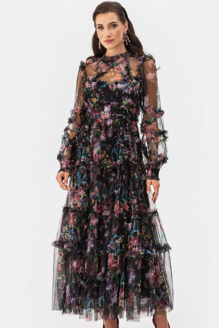 Floral Mock Neck Bishop Sleeve Tiered Ruffle Tulle Maxi Dress