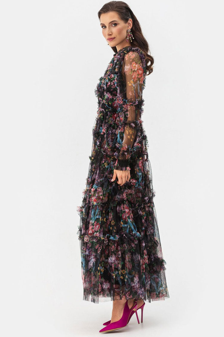 Floral Mock Neck Bishop Sleeve Tiered Ruffle Tulle Maxi Dress - View 2