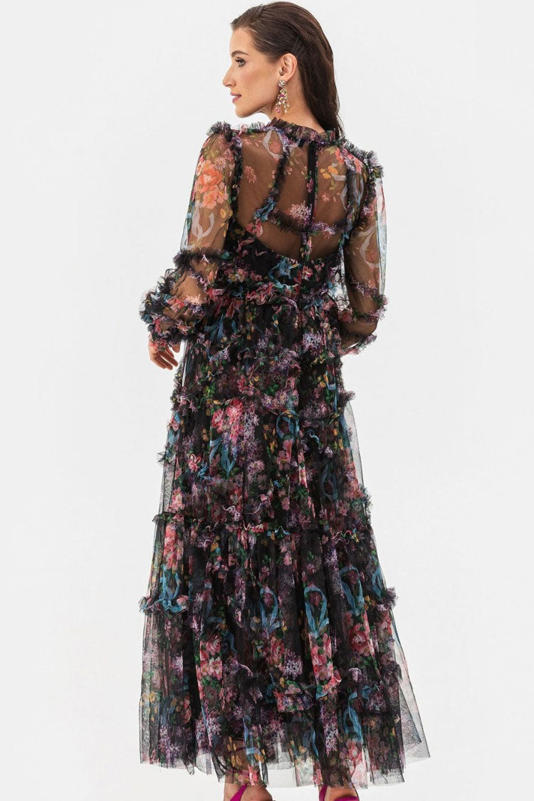 Floral Mock Neck Bishop Sleeve Tiered Ruffle Tulle Maxi Dress - View 3