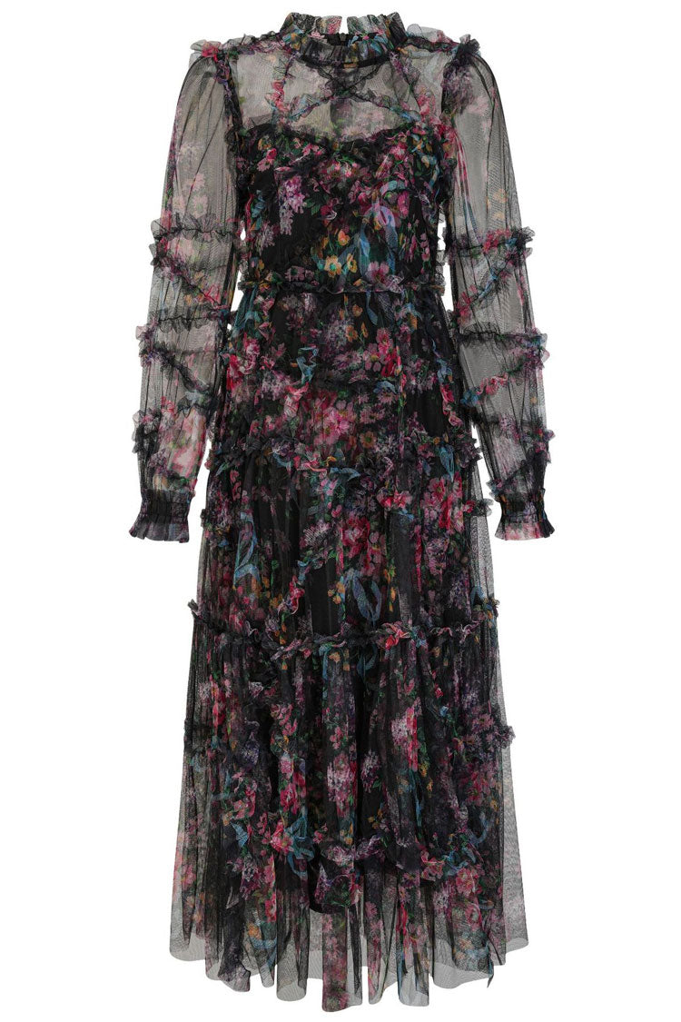 Floral Mock Neck Bishop Sleeve Tiered Ruffle Tulle Maxi Dress - View 4