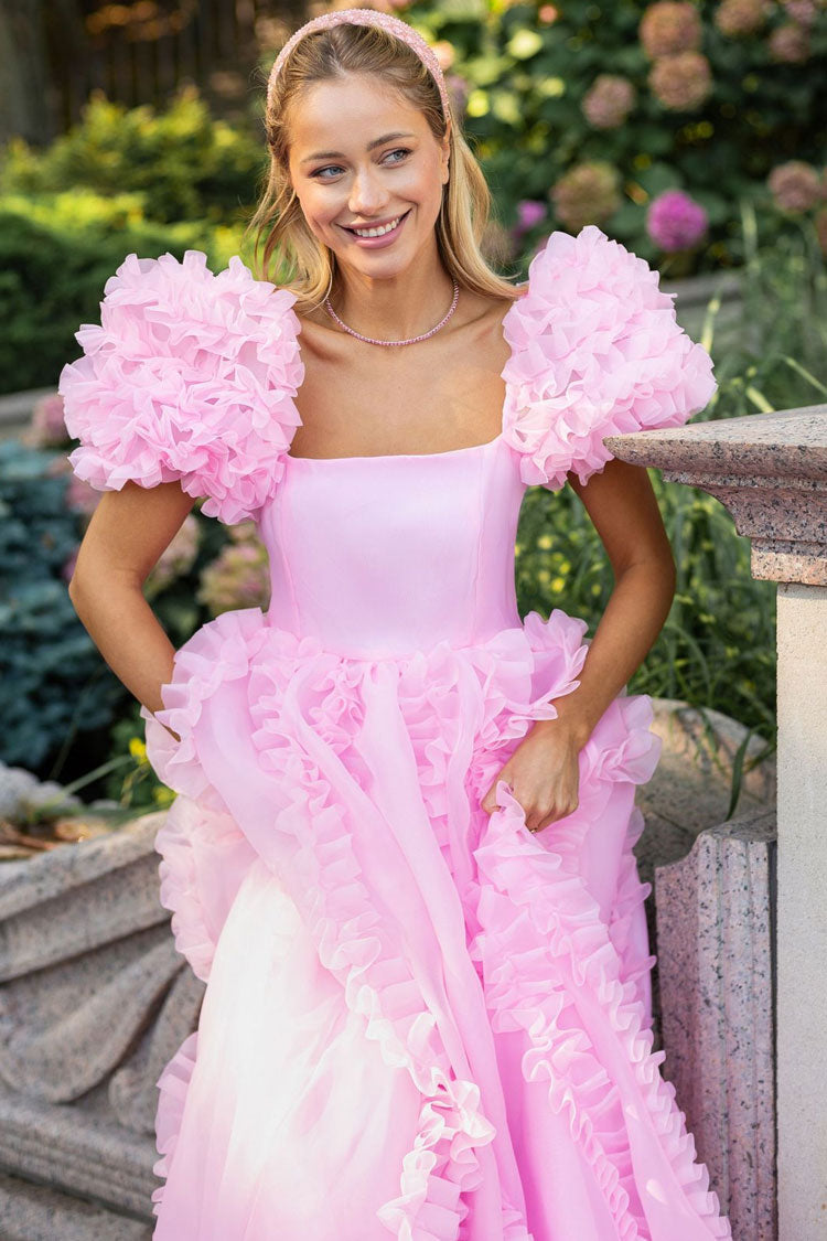 Satin Bodice Square Neck Puff Sleeve Ruffle Organza A-Line Maxi Dress