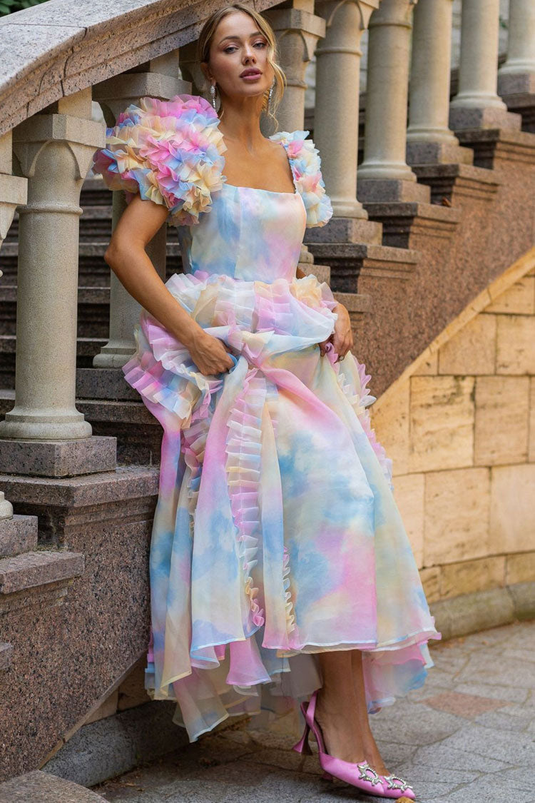 Square Neck Puff Sleeve Tiered Ruffle Organza High Low Midi Dress