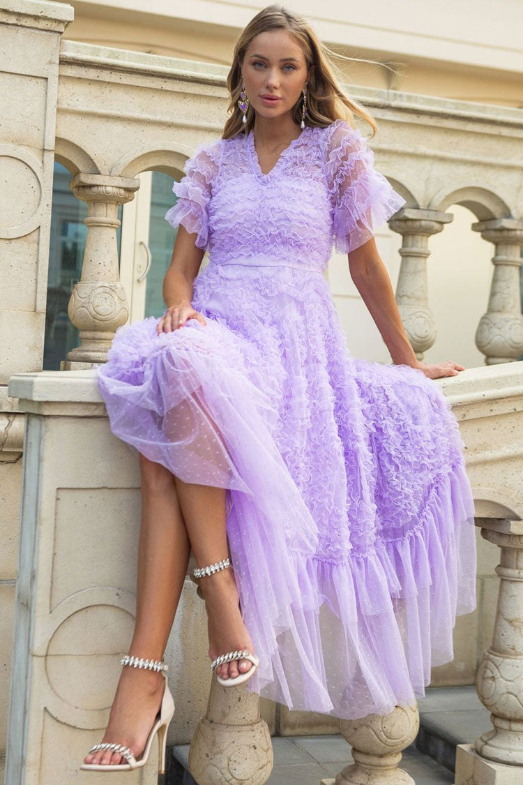 V-Neck Flutter Sleeve Tiered Ruffle Dot Tulle Fit and Flare Midi Dress