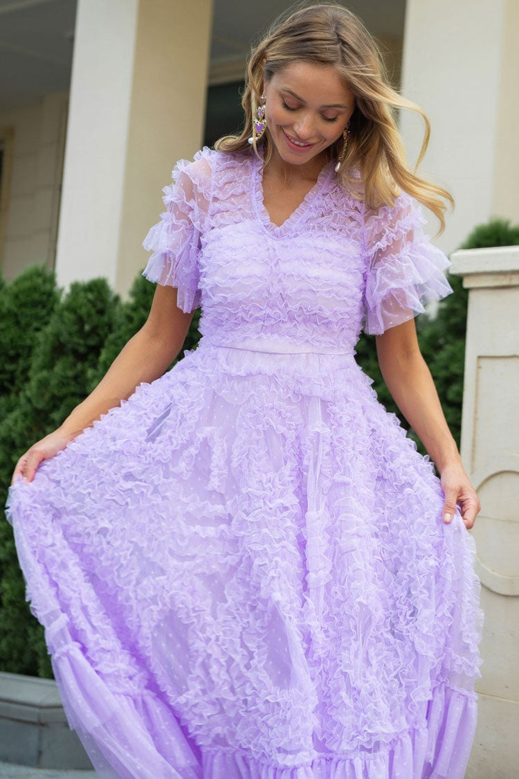 V-Neck Flutter Sleeve Tiered Ruffle Dot Tulle Fit and Flare Midi Dress - View 3