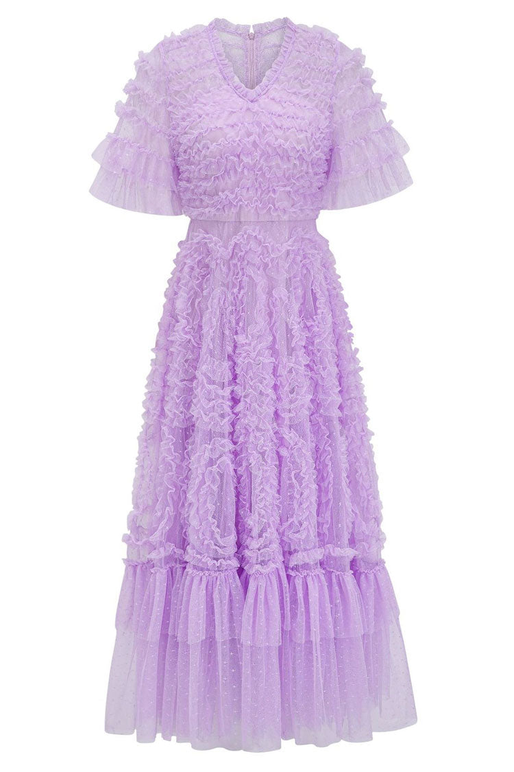 V-Neck Flutter Sleeve Tiered Ruffle Dot Tulle Fit and Flare Midi Dress - View 4