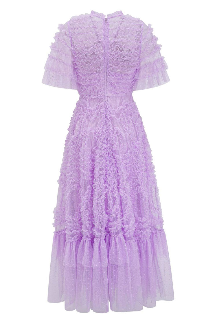 V-Neck Flutter Sleeve Tiered Ruffle Dot Tulle Fit and Flare Midi Dress - View 5