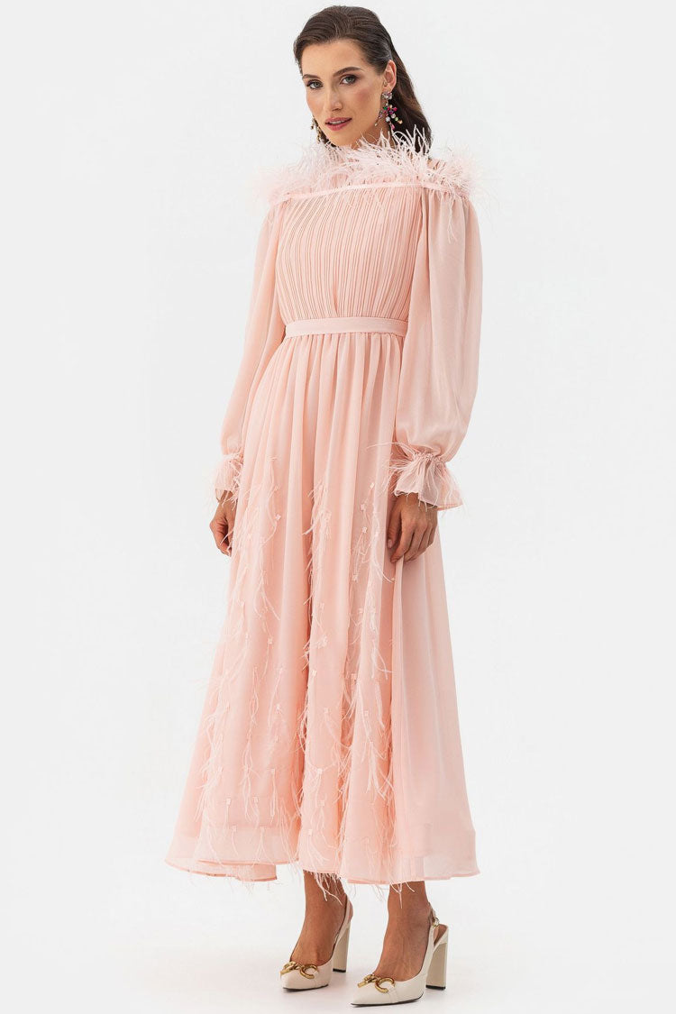 Feather Trim Off Shoulder Long Sleeve Pleated Chiffon Midi Dress