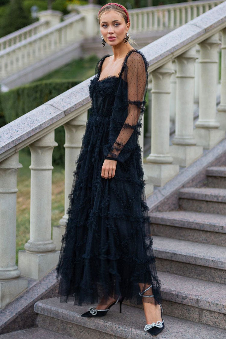 Fairytale Sweetheart Belted Dotted Tulle Layered Dress - Black
