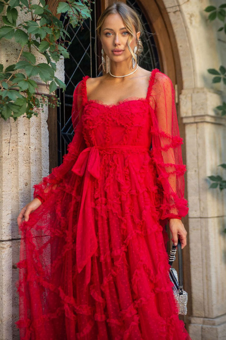 Fairytale Sweetheart Belted Dotted Tulle Layered Dress - Red