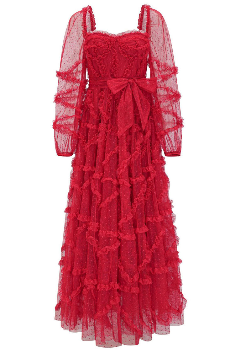Fairytale Sweetheart Belted Dotted Tulle Layered Dress - Red - View 3