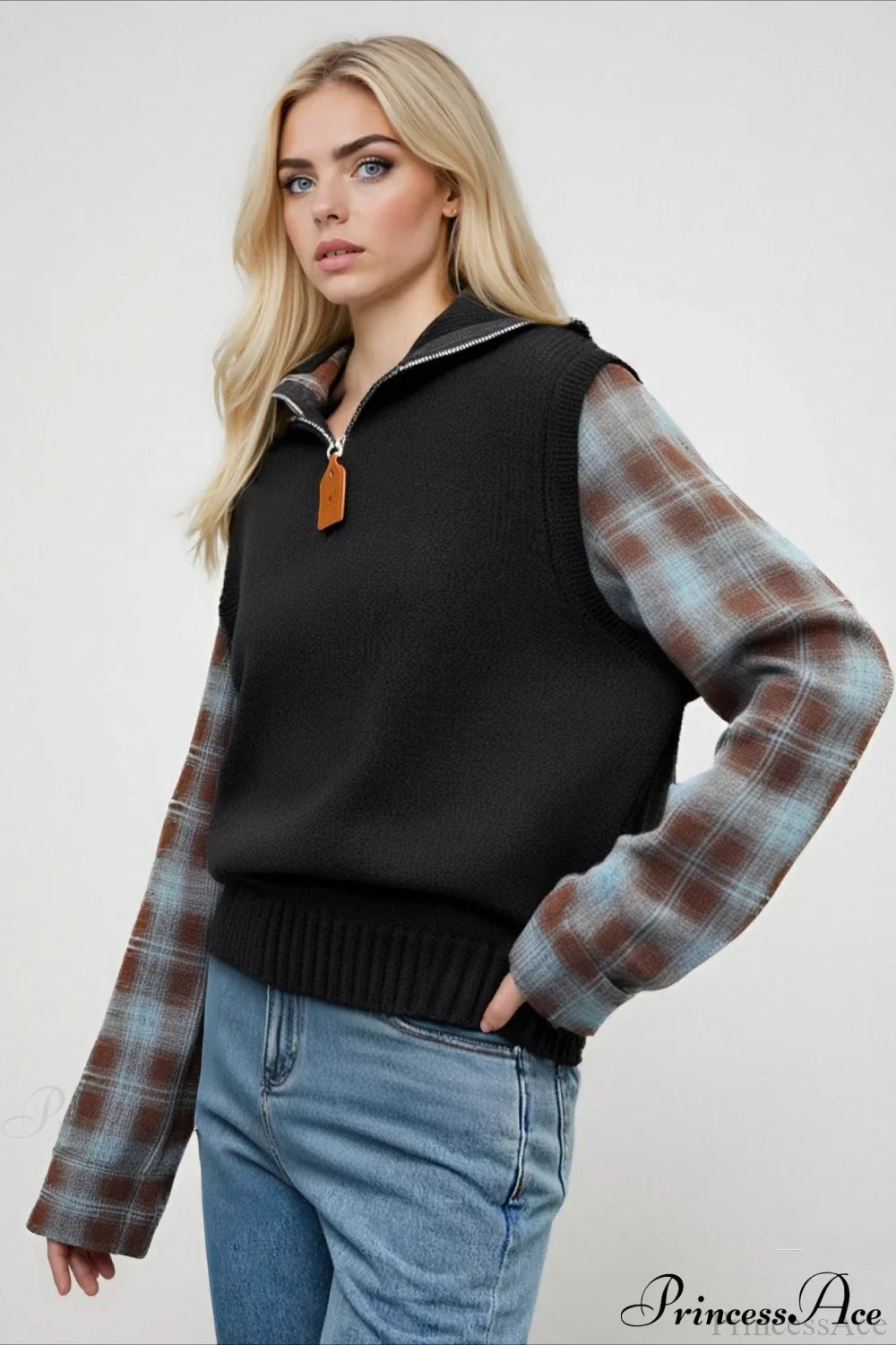 PrincessAce Stylish Plaid Contrast Half Zip Sweater Top